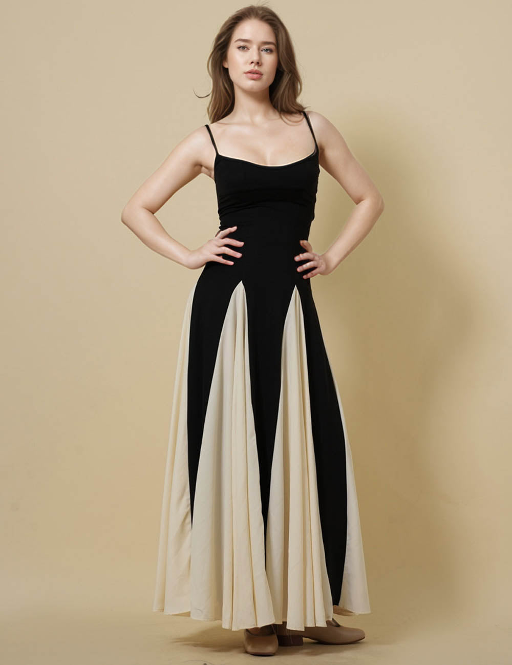 Ladies String Shoulder Color Block Maxi Dress SKD51235