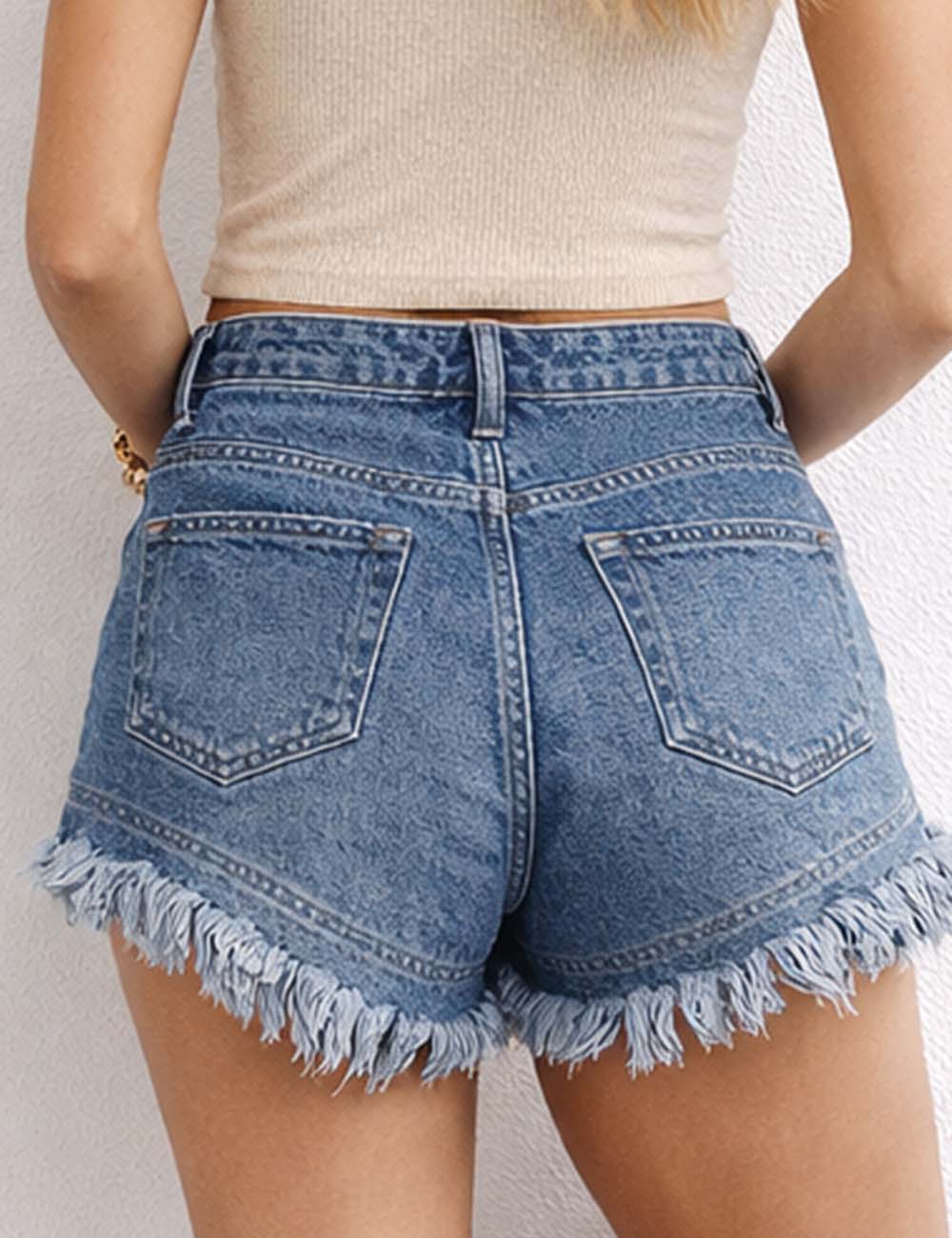 Ladies Distressed Raw Edge Frayed Hem Denim Shorts