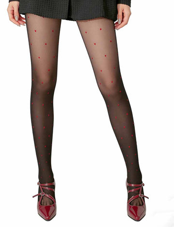Ladies Valentine's Dot Heart See Sheer Non-Fleece Lined Pantyhose