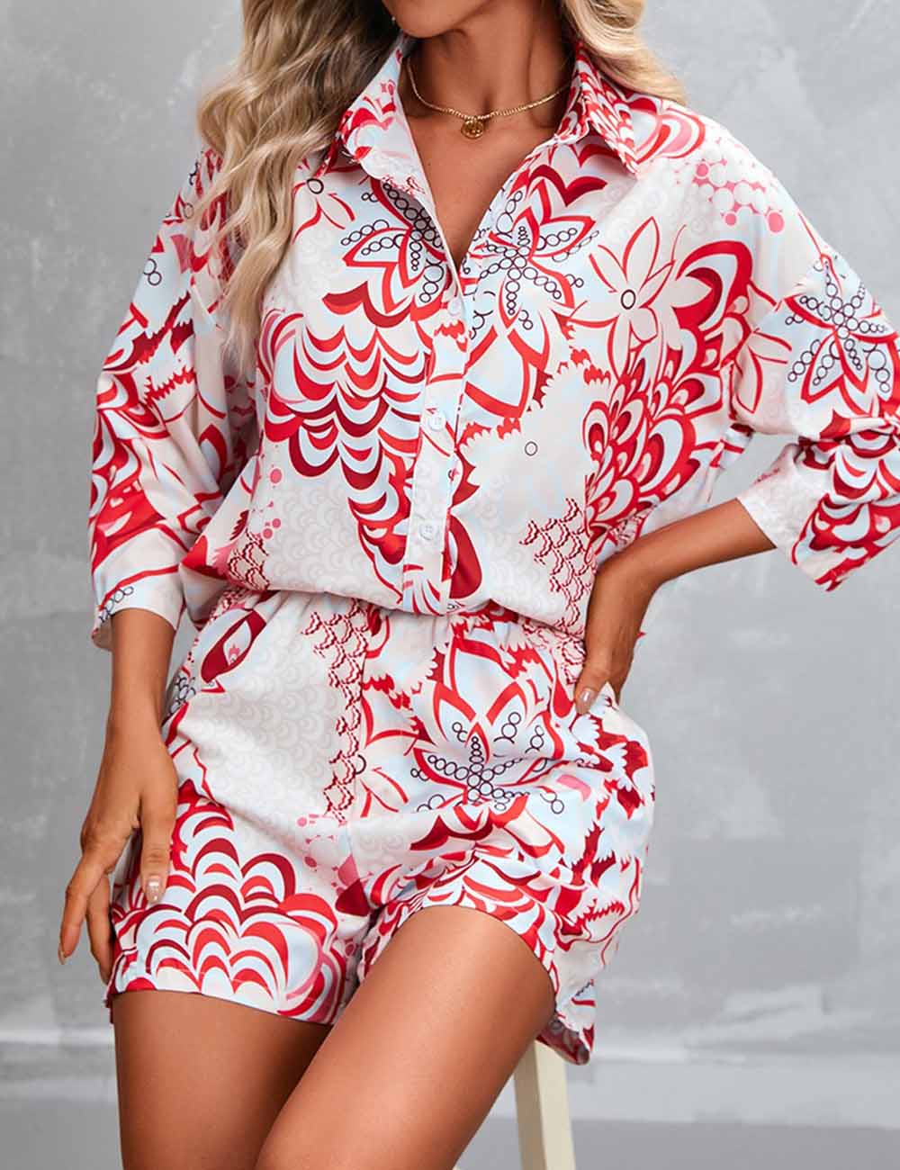 Ladies Floral Print Turndown Collar Midi Sleeves Shirt & Shorts Set