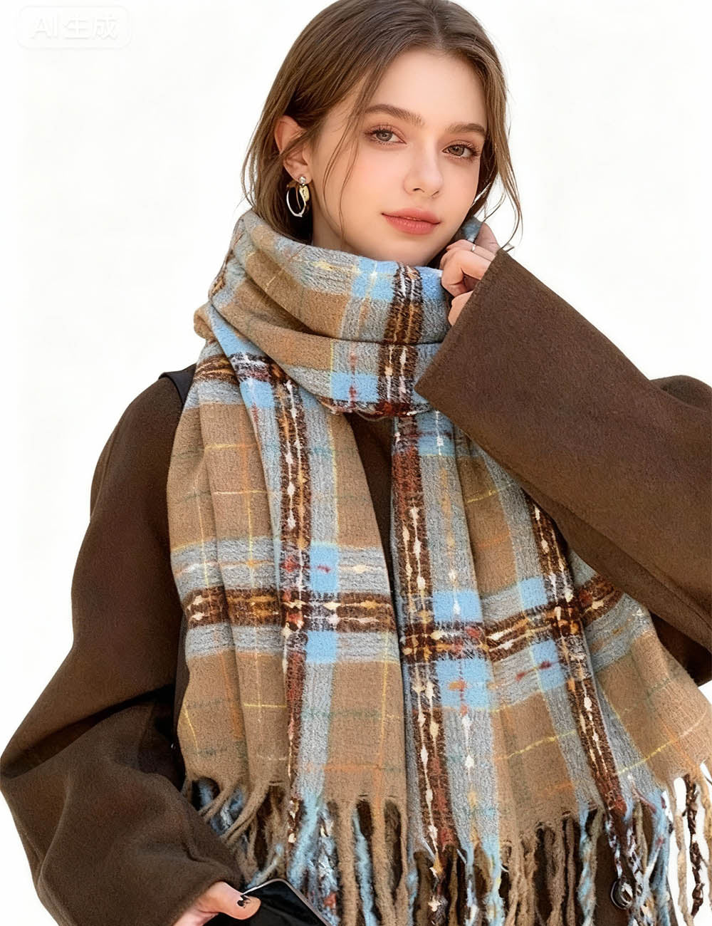 Ladies Christmas Plaid Fringe Oblong Knit Scarf