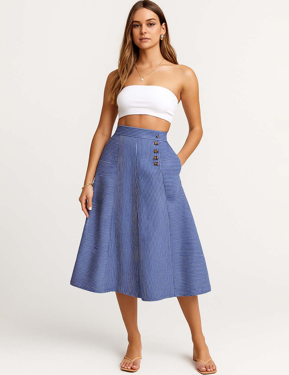 Ladies Color Block Striped Button Closure Wide Leg Pants