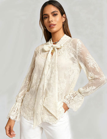 Ladies Lace See Sheer Bow Tie Neck Flared Sleeves Blouse
