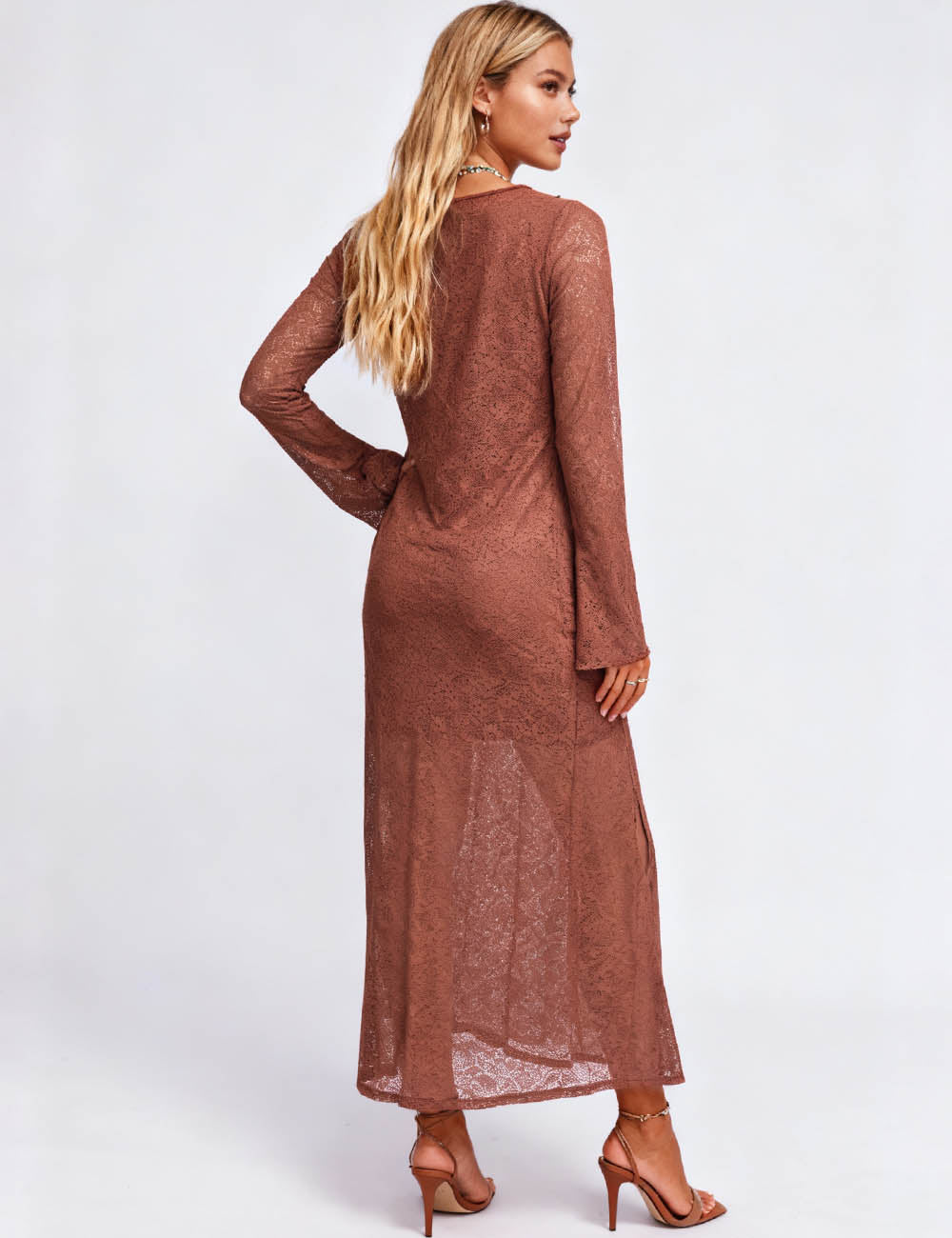 Ladies Lace Eyelet Scoop Neck Tie Front Ruffle Trim Midi Dress