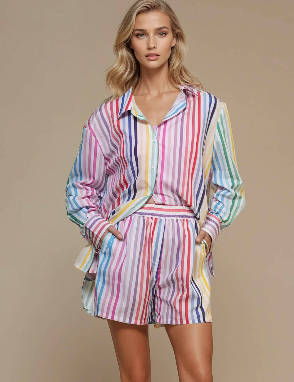 Ladies Multicolor Stripe Print Shirt Shorts 2PCS Set SKST50317