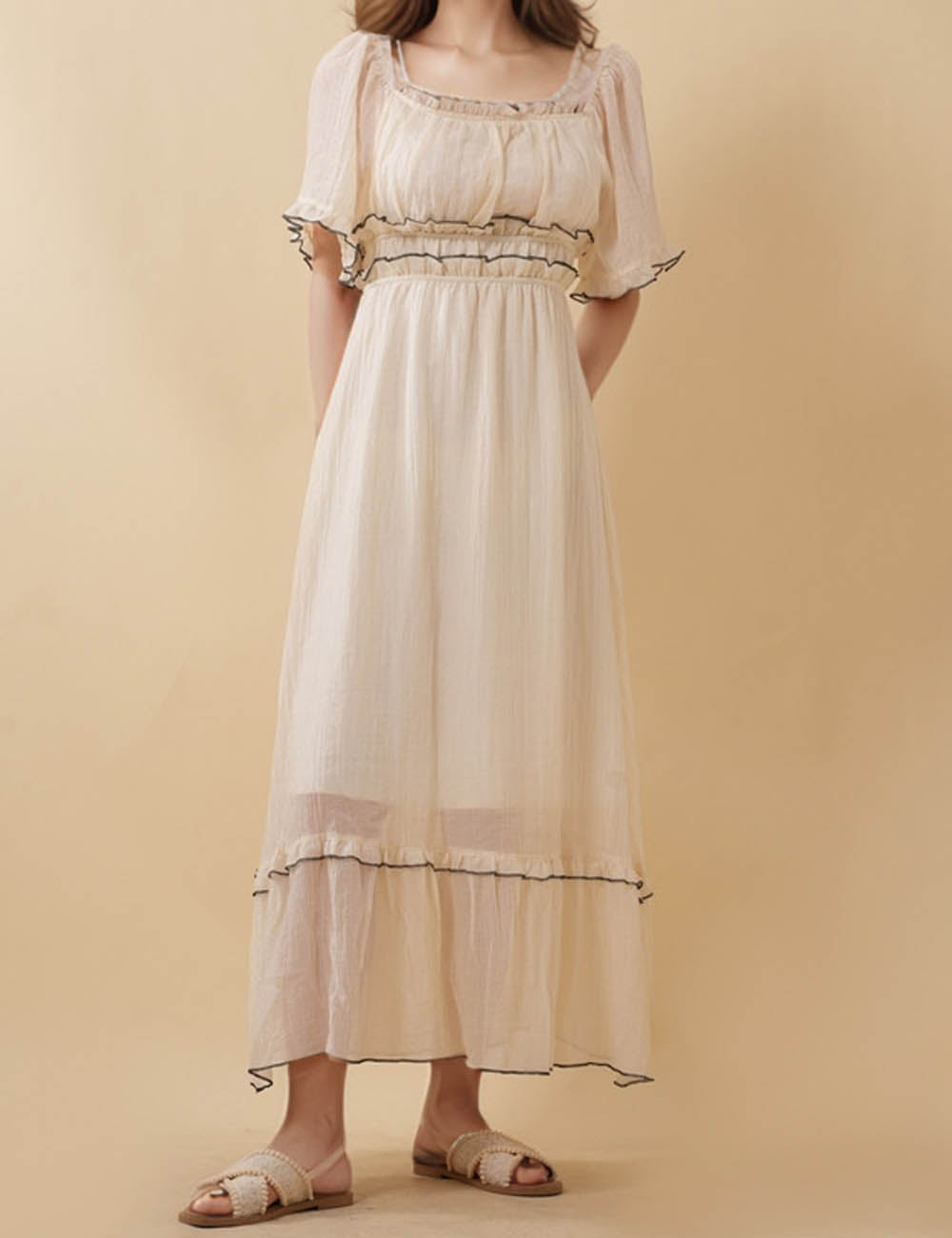 Ladies Color Block Ruffle Elastic Waist Short Sleeves Maxi Dress