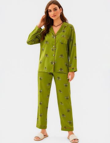 Ladies Bee Print Stain Lounge Set Button Down Shirt & Pants Set