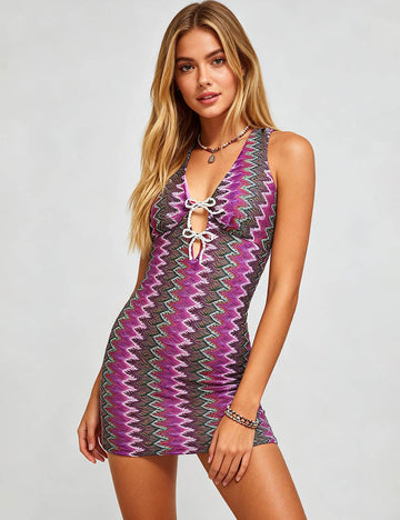 Ladies Zigzag Knit V-Neck Sleeveless Tie Front Bodycon Dress