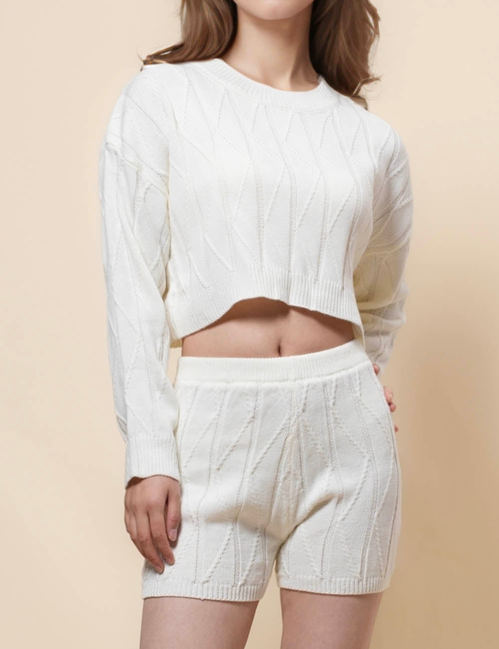 Ladies Solid Color Sweater Shorts 2PCS Set SKST41162