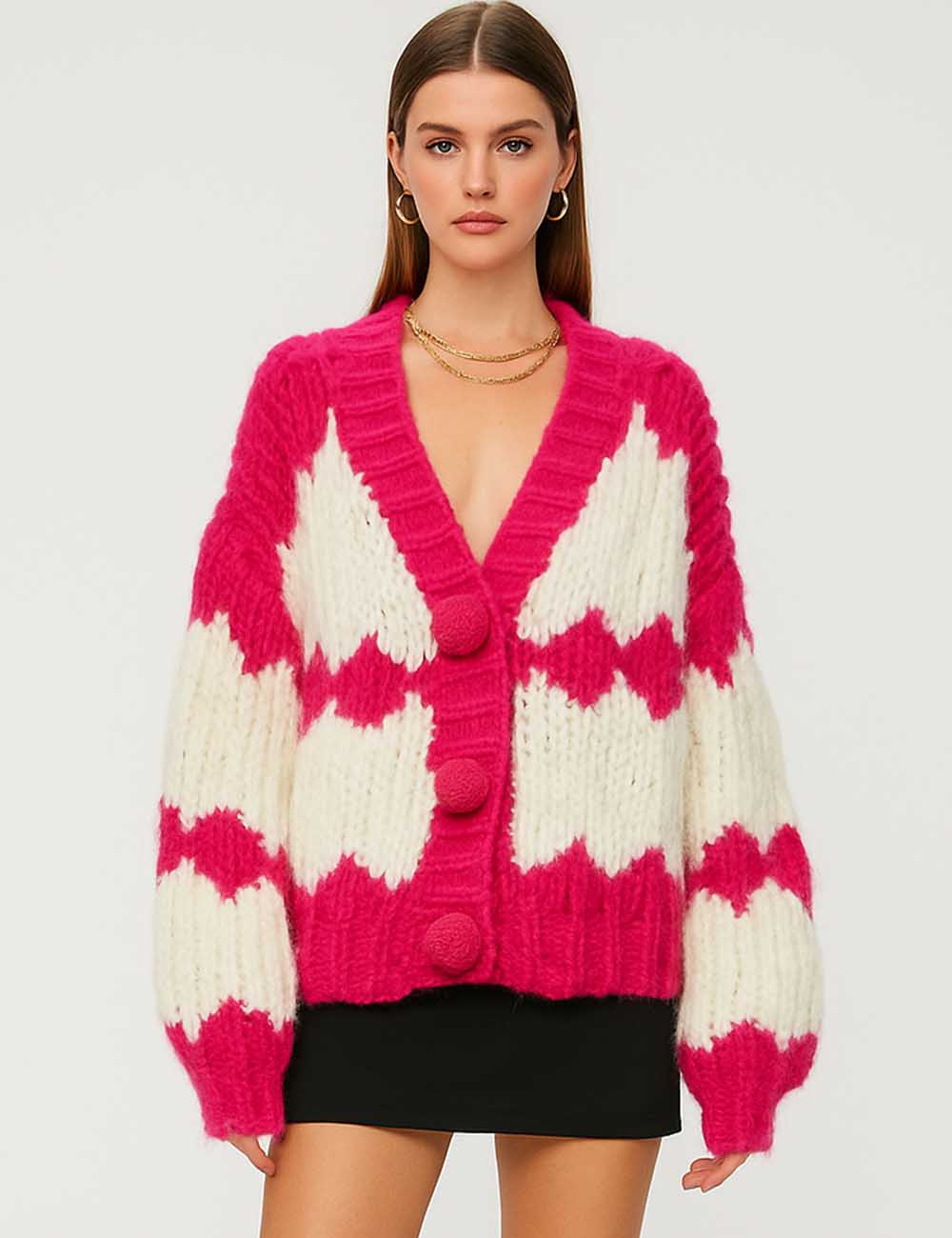 Ladies Chunky Knit Color Block V-Neck Sweater Cardigan