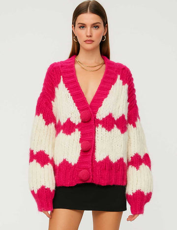 Ladies Chunky Knit Color Block V-Neck Sweater Cardigan
