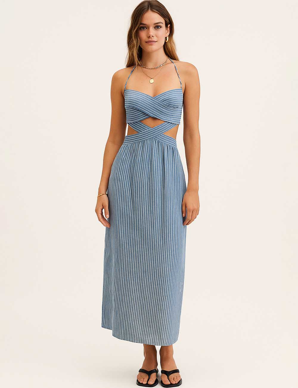 Ladies Striped Halter Tie Crisscross Cut-Out Midi Dress