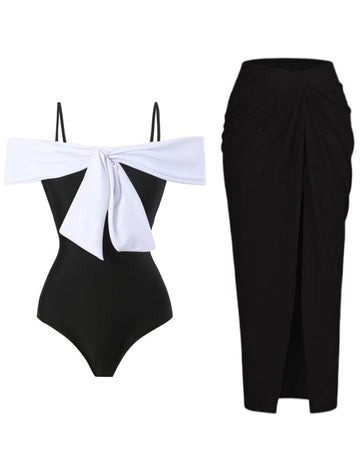 Color Block Bowknot Swimwear with Cover SKSW40151