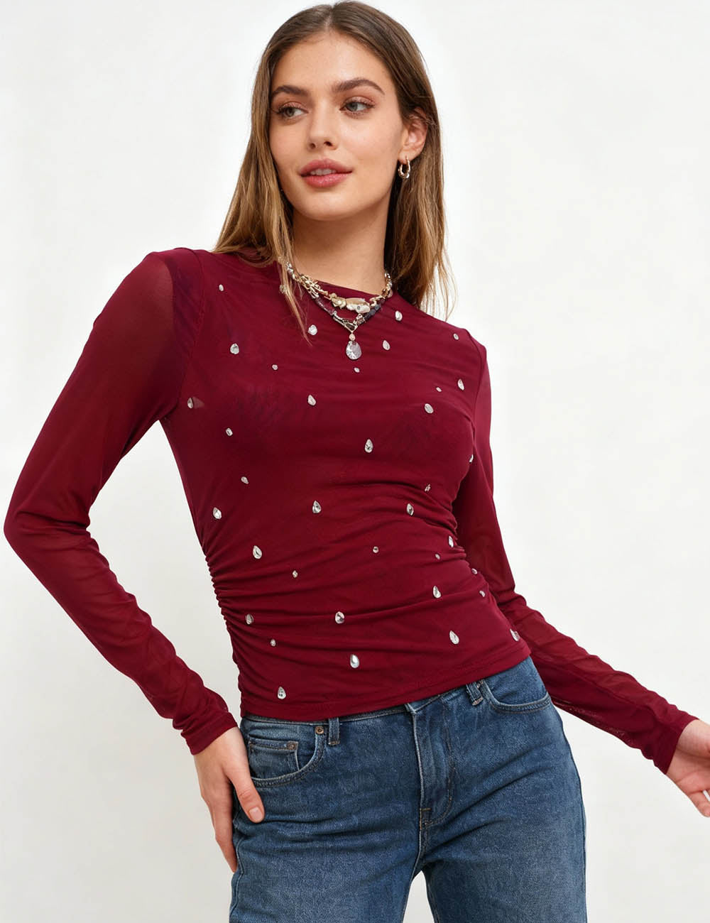 Ladies Sheer Mesh Rhinestone  Round Neck Layering Top