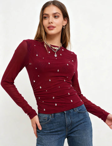 Ladies Sheer Mesh Rhinestone  Round Neck Layering Top