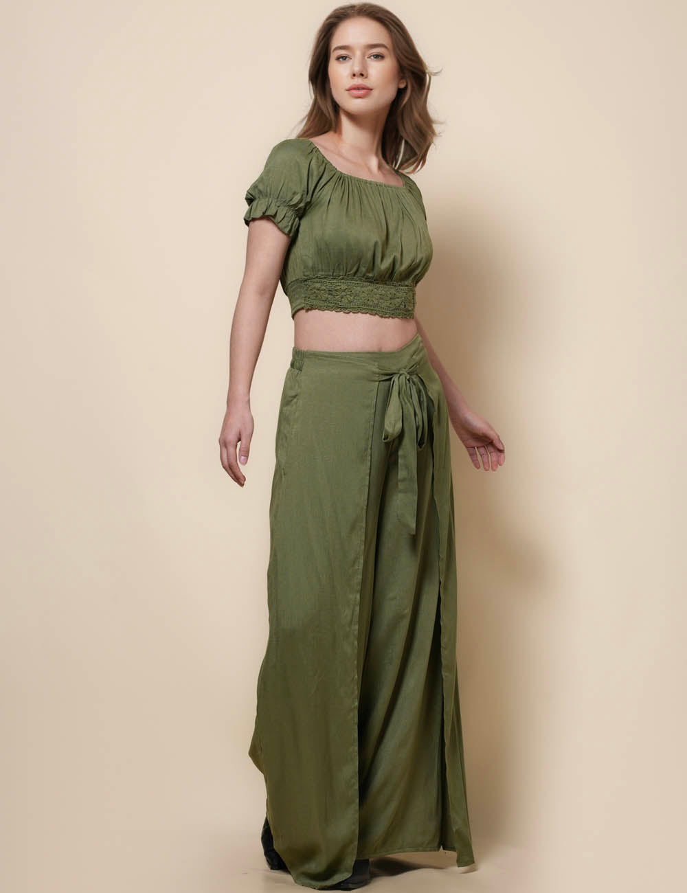 Ladies Puff Sleeves Top Pants 2PCS Set SKST41278