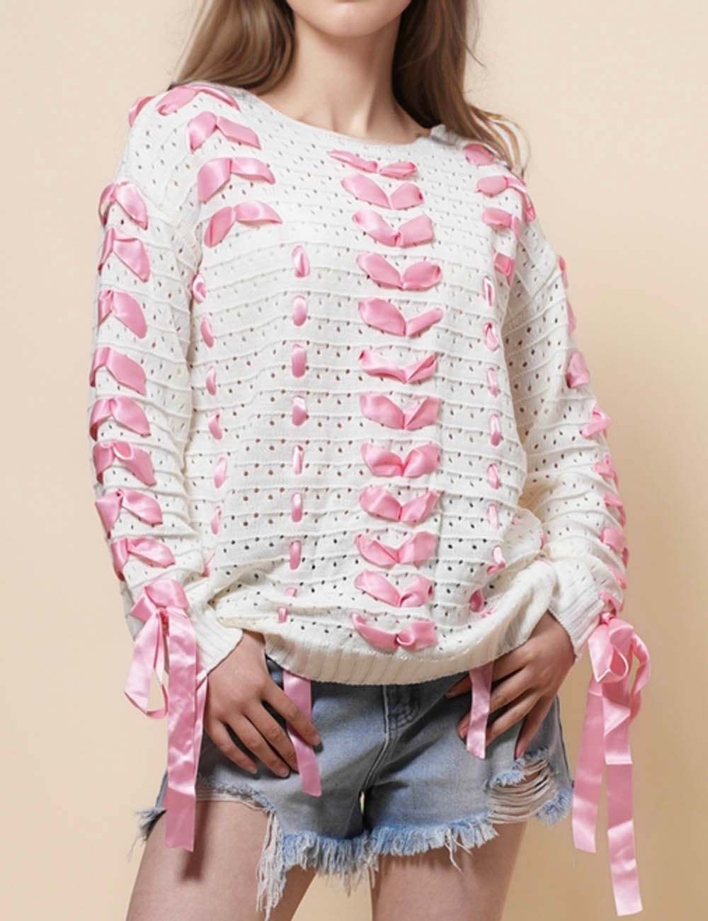 Ladies Color Block Ribborn Pullover Sweater SKT41114