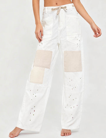 Ladies Paint Splatter Patchwork Drawstring  Denim Pants