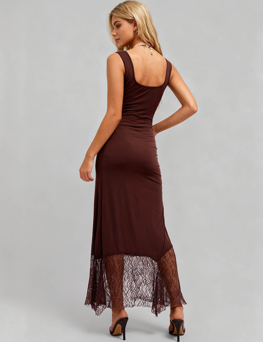 Ladies Square Neck Sleeveless Lace Hem Bodycon Maxi Dress