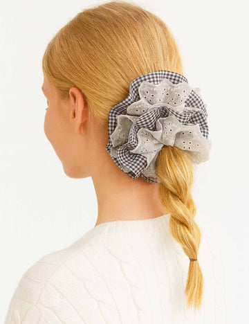 Ladies Sweet Double Layered Hollow Out Plaid Fabric Scrunchie