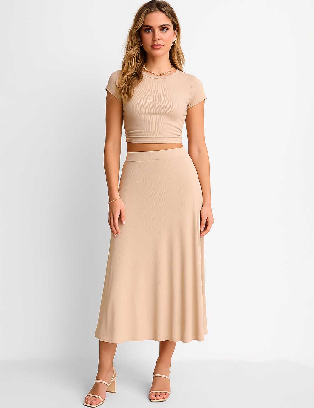 Ladies Knit Cap Sleeves Top & Maxi Skirt Set