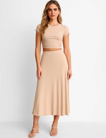 Ladies Knit Cap Sleeves Top & Maxi Skirt Set