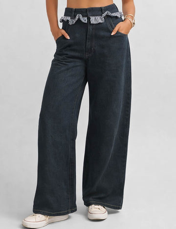 Ladies Checked Panel Button Pocket Barrel Leg Denim Pants