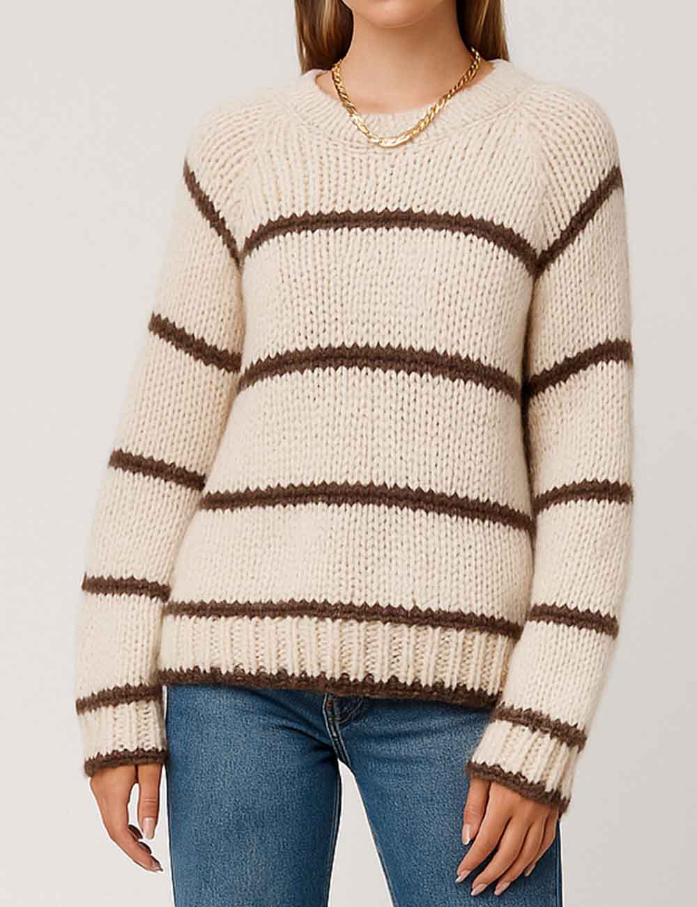 Ladies Striped Color Block Round Neck Ribbed Knit Sweater