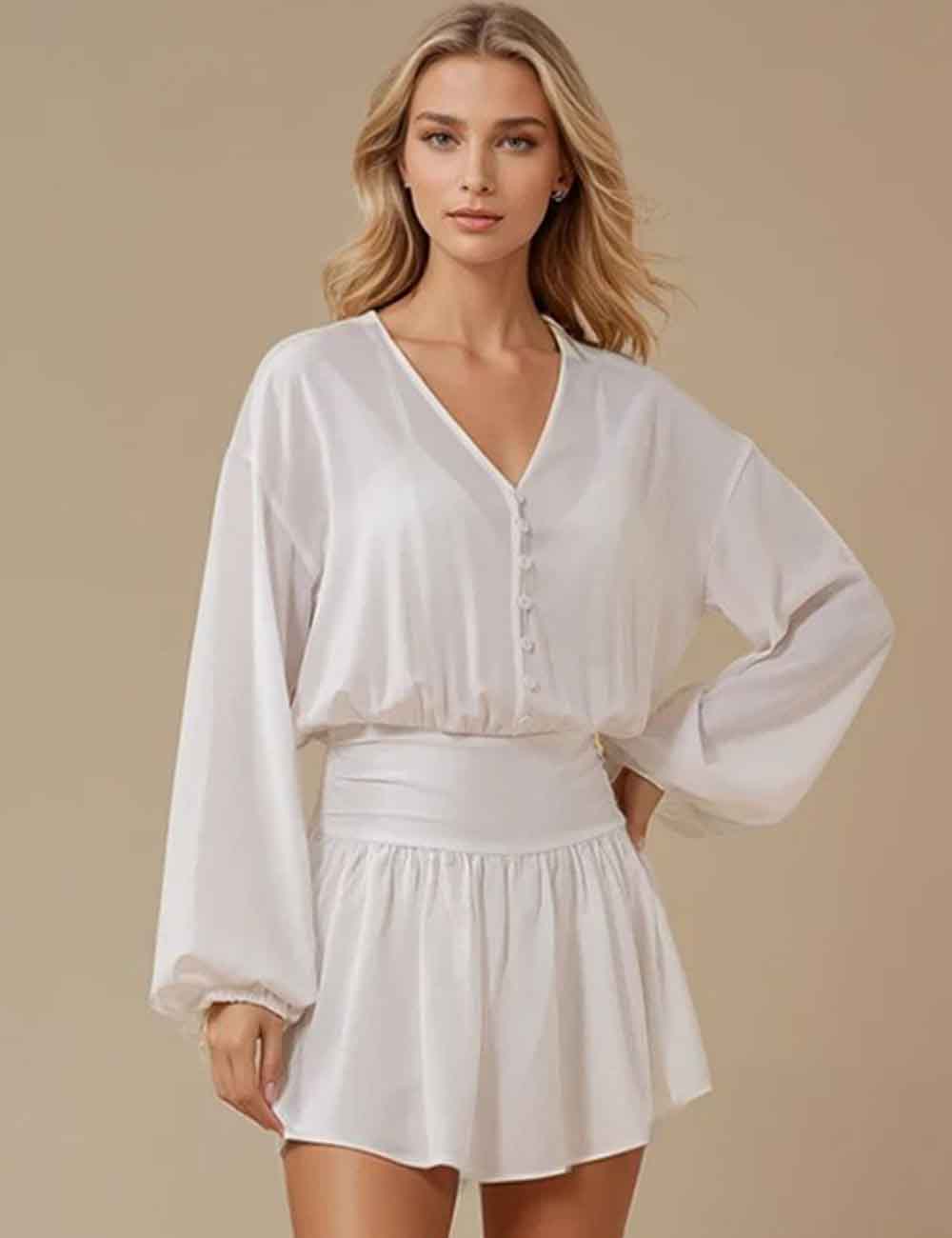 Ladies White V-Neck Button Smocking Long Sleeves Rompers