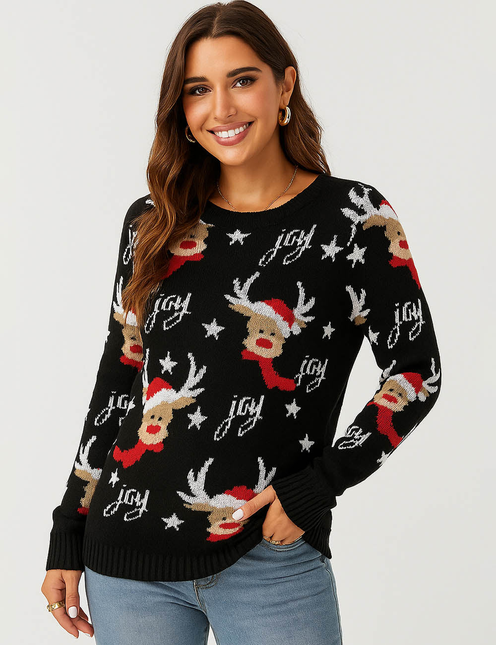 Ladies Reindeer Snowflake Christmas Holiday Sweater