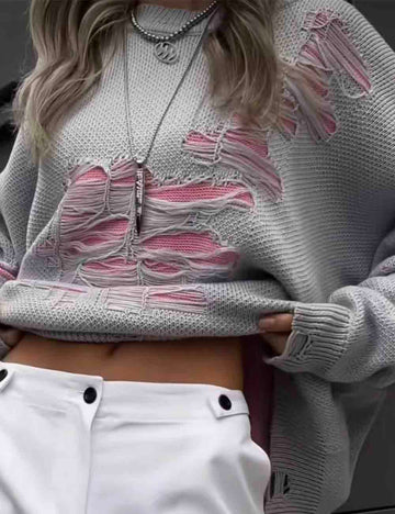 Ladies Color Block Round Neck Distressed Long Sleeves Sweater