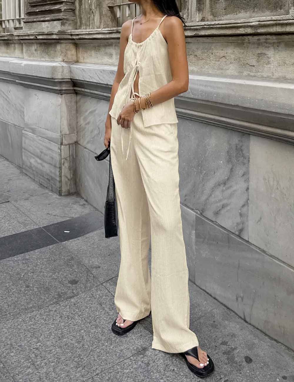 Ladies Solid Color Crinkle String Tie Cami Top & Pants Set