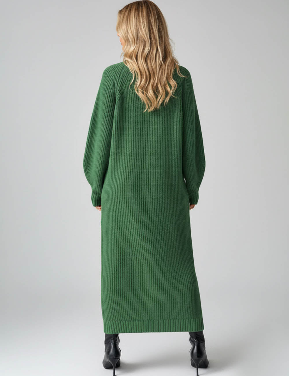 Ladies Solid Color Turtle Neck Long Sleeves Sweater Midi Dress