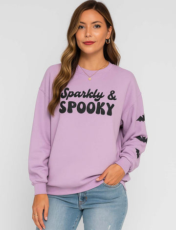 Ladies Halloween Sparkly & Spooky Bat Sleeves Print Sweatshirt