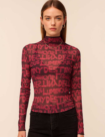 Women Text Print Blouse Y2K See Sheer Layring Top