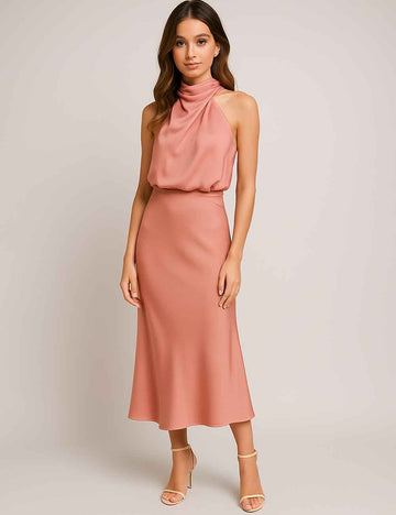 Ladies Satin Mock Neck Sleeveless  Ruched Maxi Dress