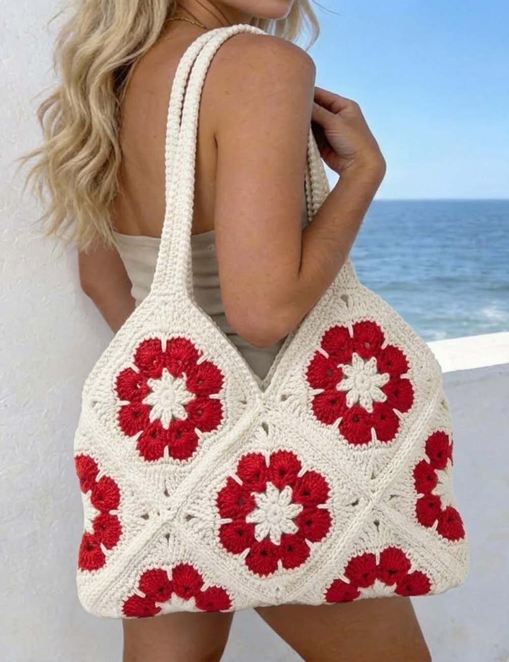 Ladies Granny Square Floral Crochet Shoulder Tote Bag
