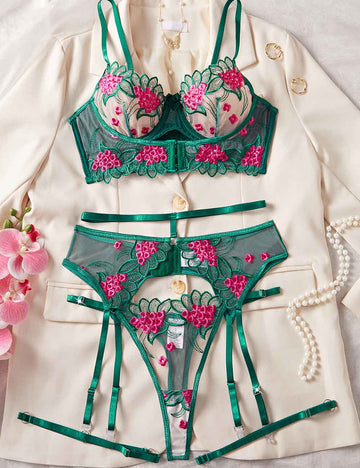 Ladies Sexy Floral Embroidery Mesh Garter 3PCS Lingerie Set