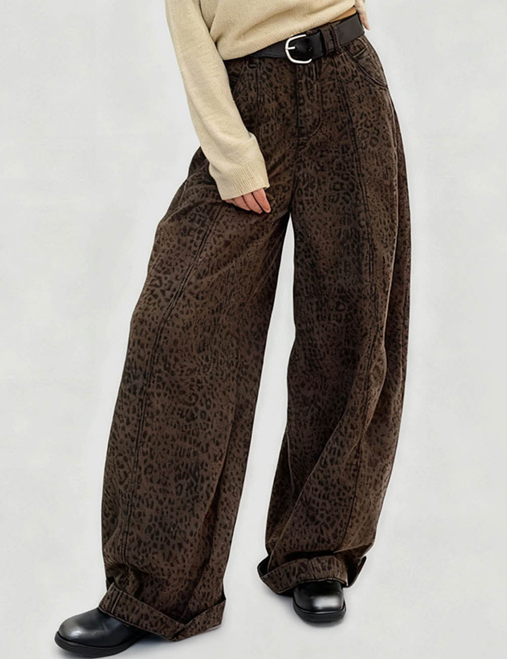 Ladies Leopard Print Brushed Wide Leg Pants