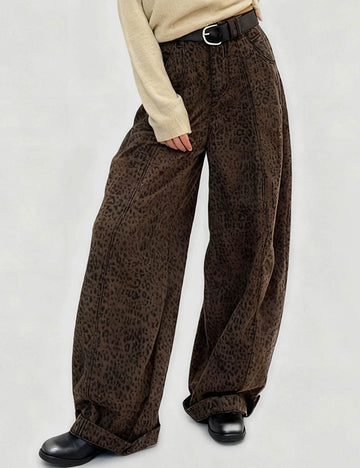 Ladies Leopard Print Brushed Wide Leg Pants