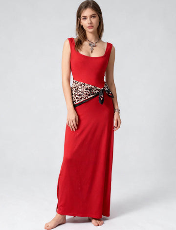 Ladies Square Neck Leopard Scarf Waist Tank Maxi Dress