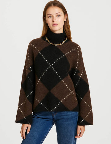 Ladies Geometric Pattern Mock Collar Long Sleeves Sweater