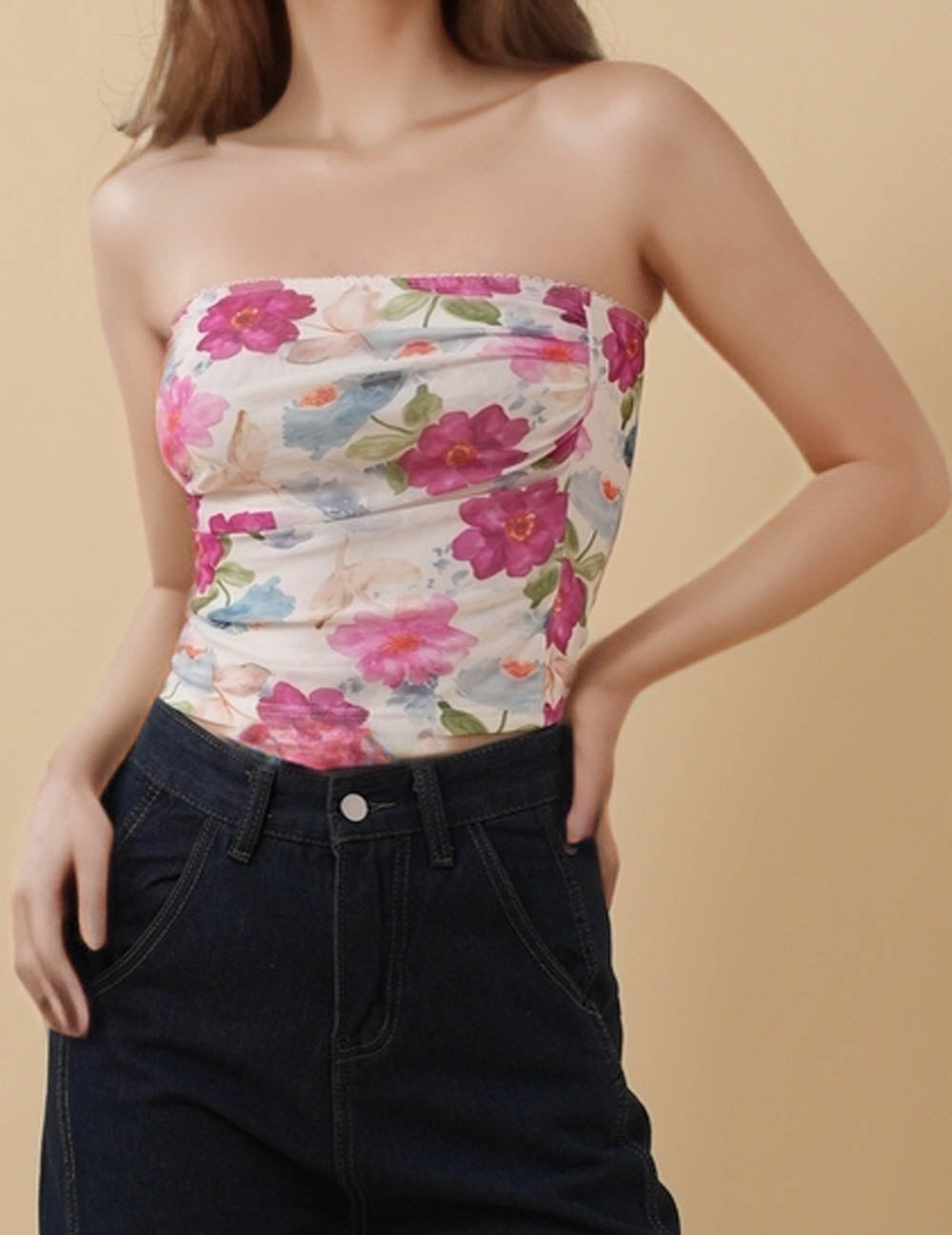 Ladies Floral Print Strapless Crop Tube Top 8SKT5M76
