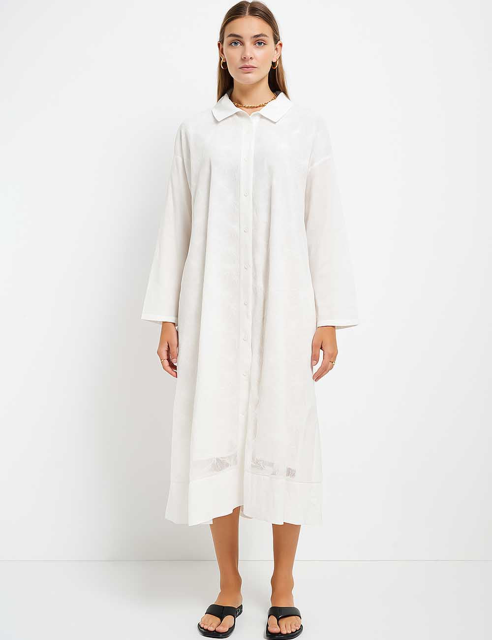 Ladies White Floral Mesh Button Down Long Sleeves Midi Dress
