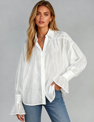 Ladies Chiffon Sheer Shirt Collar Flared Long Sleeves Blouse