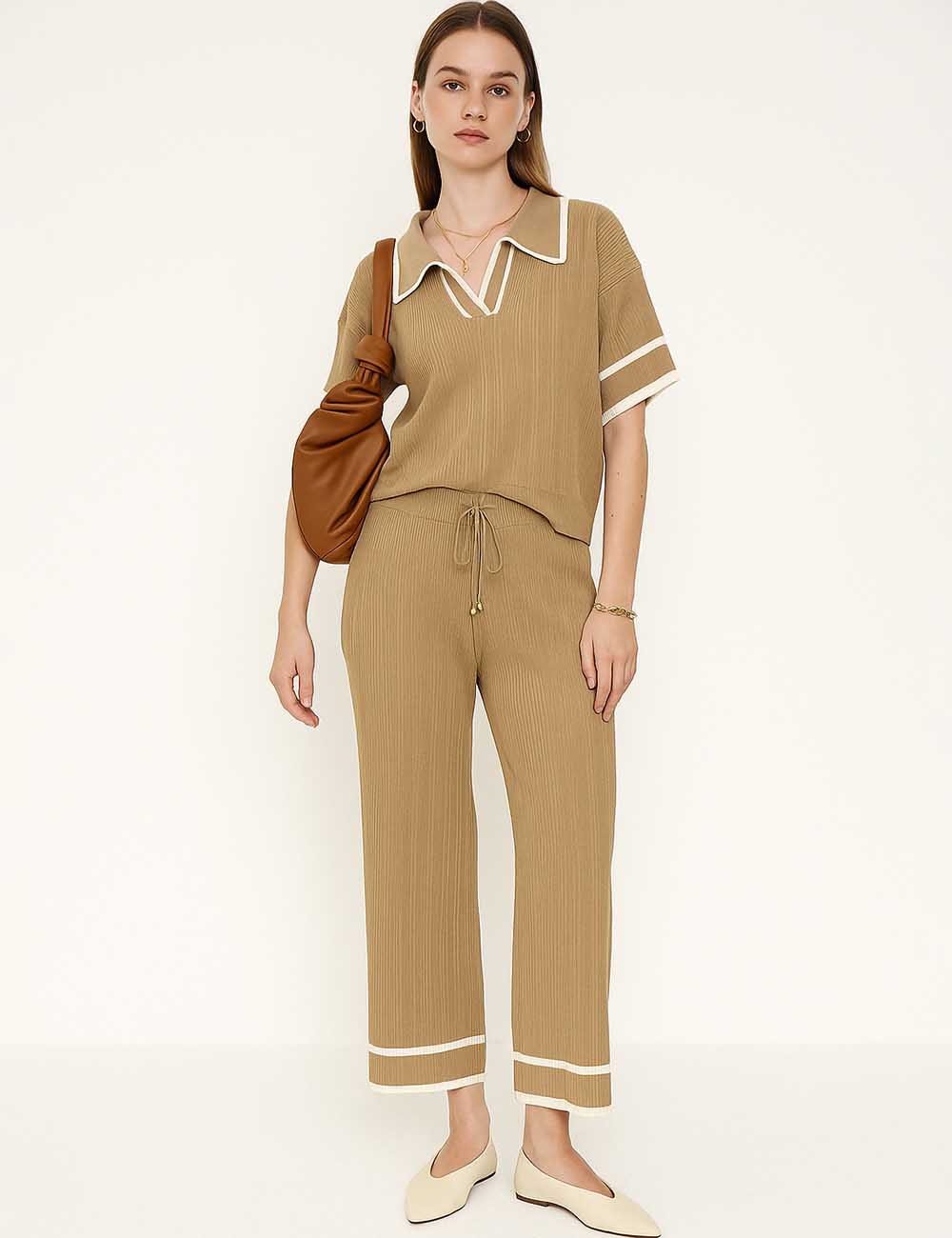 Ladies Color Block Polo Collar Knit Top & Pants 2PCS Set