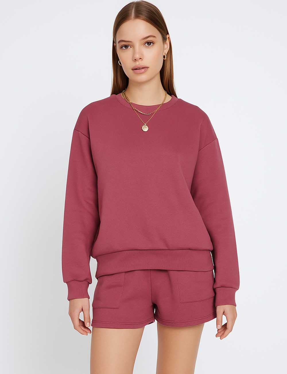 Ladies Round Neck Long Sleeves Sweatshirt & Shorts 2PCS Set