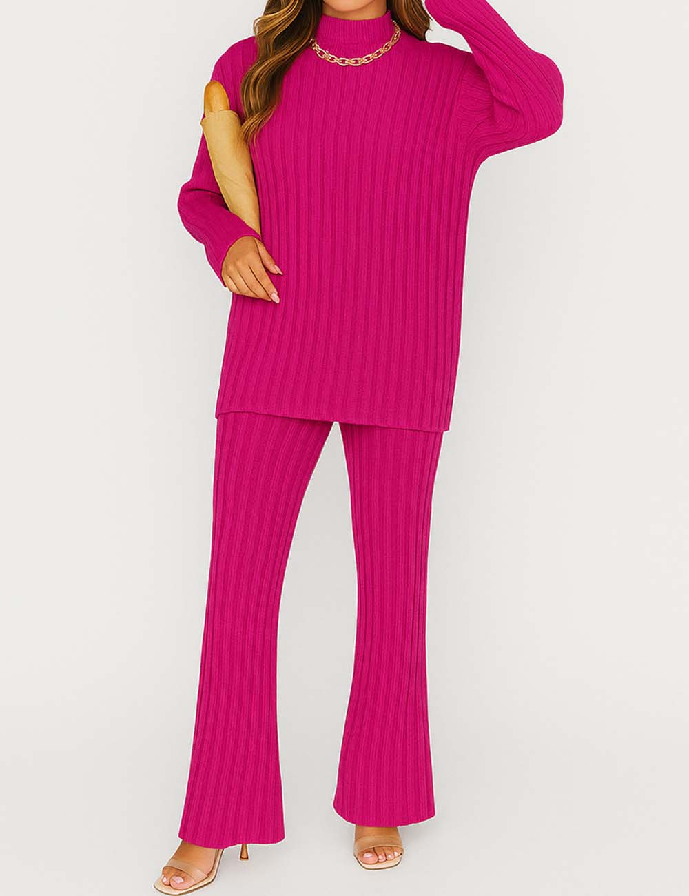 Ladies Solid High Collar Sweater Flared Pants Set