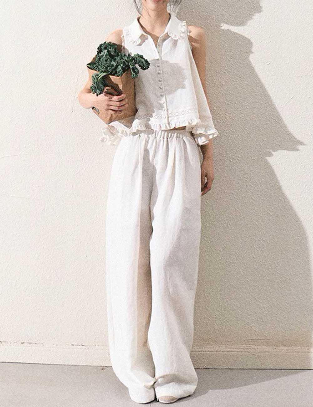 Ladies Turndown Collar Ruffle Tank Top & Pants 2PCS Set