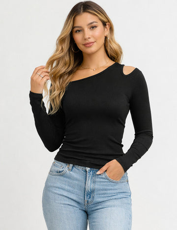 Ladies Chic One Shoulder Cut Out Solid Color Long Sleeves Top